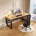 Wooden Office Desk With Black Metal Frame And Ergonomic Chair For Home Workspace