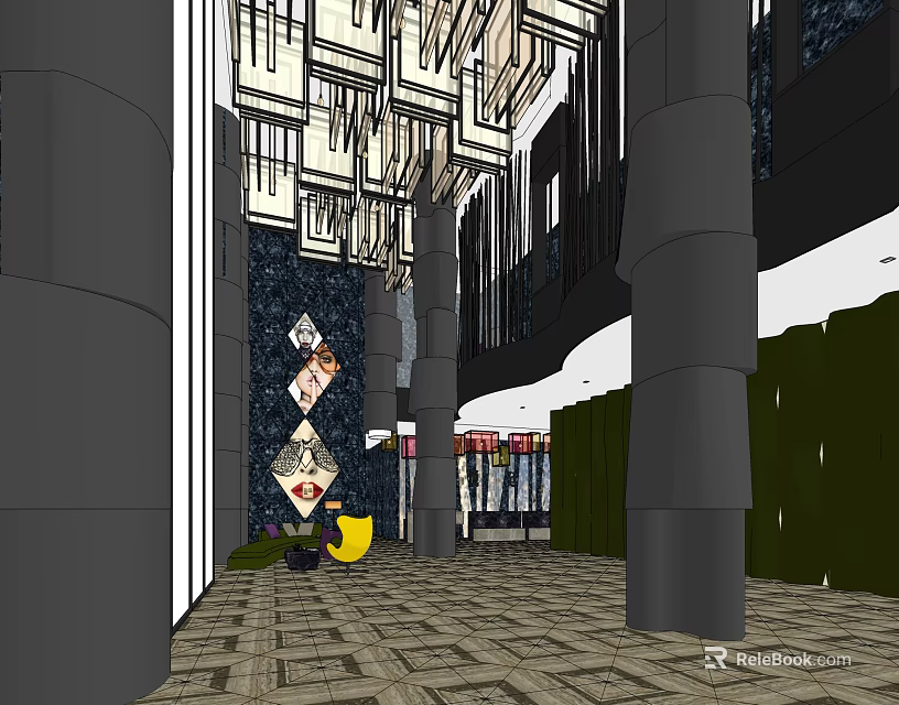 Modern Hotel Lobby Interior With Chandeliers Columns Tiled Floor And Decorative Wall 3d model 