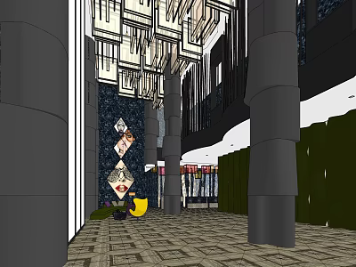 Modern Hotel Lobby Interior With Chandeliers Columns Tiled Floor And Decorative Wall 3d model