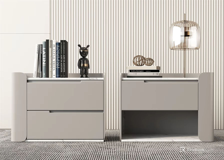 Modern Gray Bedside Tables With Drawers Books Decorative Ornament And Lamp 3d model 