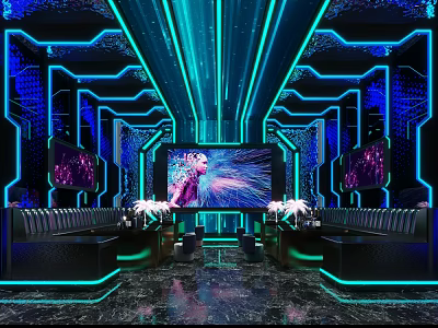 Modern KTV Interior Design With Neon Lights Large Screen And Tech Sofa Seating 3d model