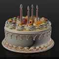 White Birthday Cake With Cream Decoration Fresh Fruits And Four Candles On Decorative Tray