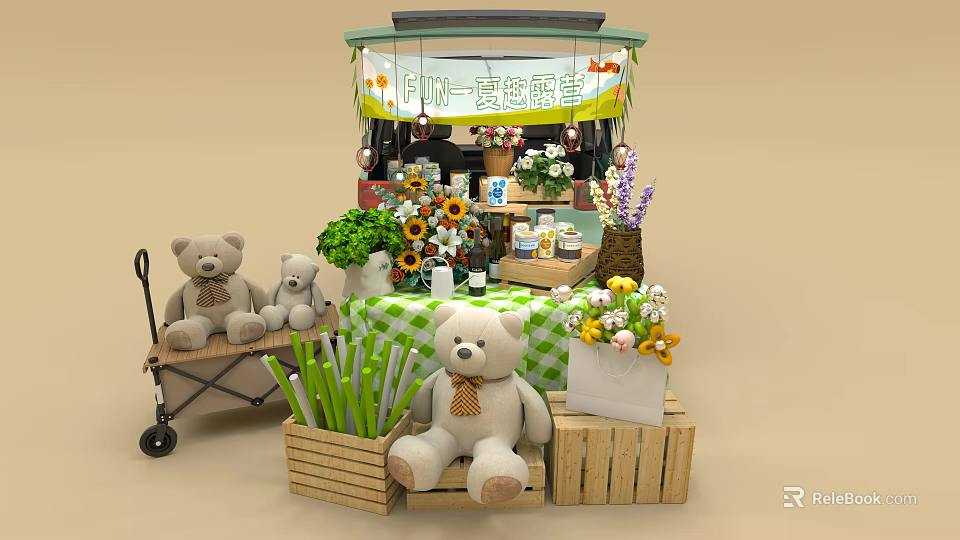 Adorable Teddy Bears Flowers And Wooden Crates Setup With Folding Chair By Cart 3d model 