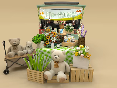 Adorable Teddy Bears Flowers And Wooden Crates Setup With Folding Chair By Cart 3d model