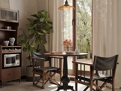 Cozy Dining Table Set With Wooden Chairs Pendant Light And Green Plant By Window 3d model