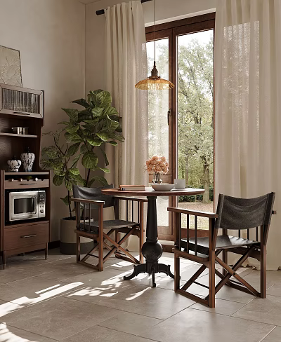 Cozy Dining Table Set With Wooden Chairs Pendant Light And Green Plant By Window 3d model