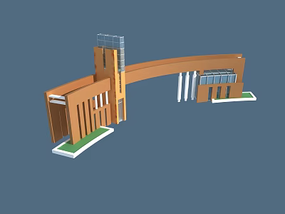 Modern Arched Entrance Gate Design With Brick Structure Glass Panels And Columns 3d model