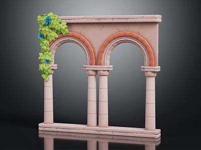 Stone Archway Structure With Three Arches Columns Green Vines And Blue Flowers 3d model