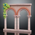 Stone Archway Structure With Three Arches Columns Green Vines And Blue Flowers