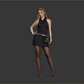 Stylish Woman In Black Sleeveless Dress Holding Handbag On Gray Background