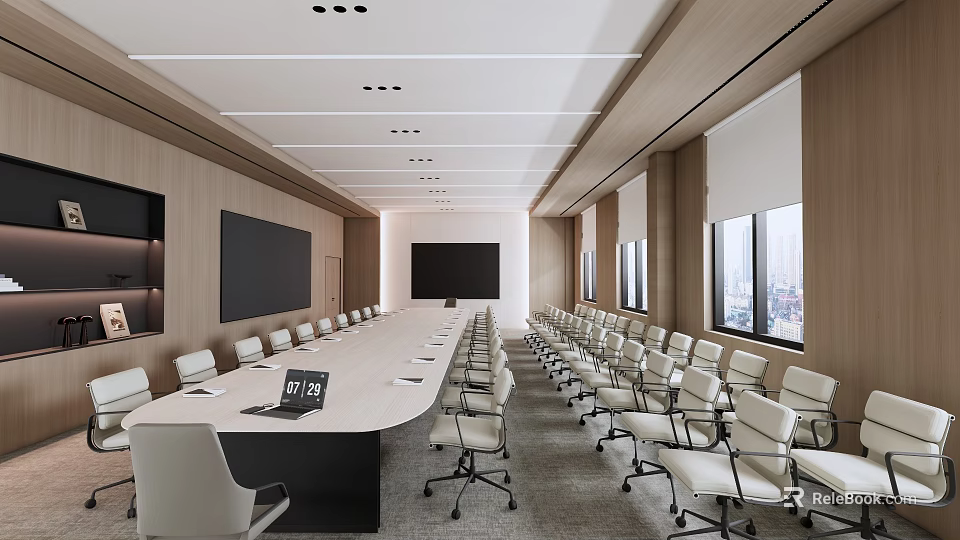 Modern Conference Room Interior With Long Meeting Table Ergonomic Chairs Large Screens And Windows 3d model 