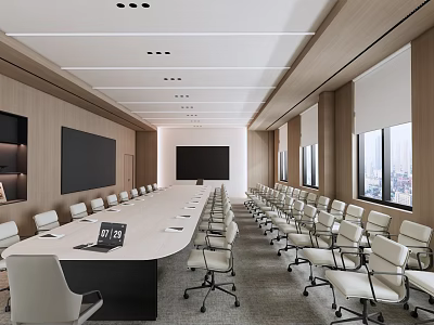 Modern Conference Room Interior With Long Meeting Table Ergonomic Chairs Large Screens And Windows 3d model