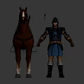 Armored Character in Blue Attire Standing Beside Brown Horse with Red Saddle Pad and Sword