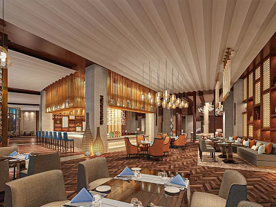Modern Restaurant Interior Design With Wooden Ceiling Chandeliers Dining Tables And Chairs 3d model