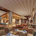 Modern Restaurant Interior Design With Wooden Ceiling Chandeliers Dining Tables And Chairs