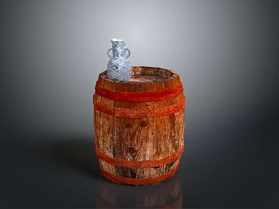Wooden Barrel with Red Straps and Small White Patterned Vase as Decorative Household Items 3d model