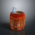 Wooden Barrel with Red Straps and Small White Patterned Vase as Decorative Household Items