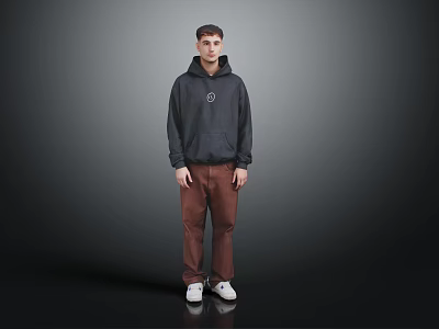 Man Wearing Dark Gray Hoodie With Brown Pants And White Shoes On Gray Background 3d model