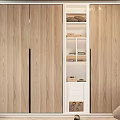 Elegant Modern Wardrobe With Wooden Sliding Doors Open Shelves And White Storage Drawers