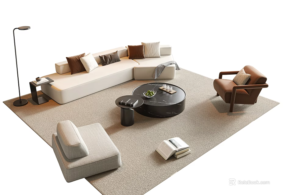 L Shaped Beige Sofa Coffee Table Set With Dark Table Green Plant Armchair And Rug 3d model 