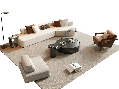L Shaped Beige Sofa Coffee Table Set With Dark Table Green Plant Armchair And Rug 3d model