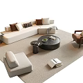 L Shaped Beige Sofa Coffee Table Set With Dark Table Green Plant Armchair And Rug