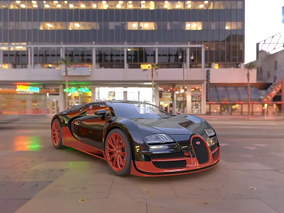Red And Black Bugatti Sports Car Parked On Urban Street With High Rise Neon Lights 3d model