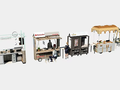 Various Designed Functional Mobile Carts With Canopy Display Countertops Seats For Commercial Use 3d model