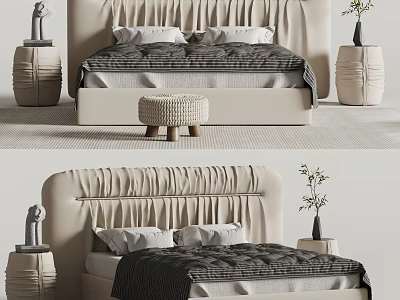 Modern Double Bed With Upholstered Headboard Gray White Bedding Cylindrical Nightstands And Small Plants 3d model