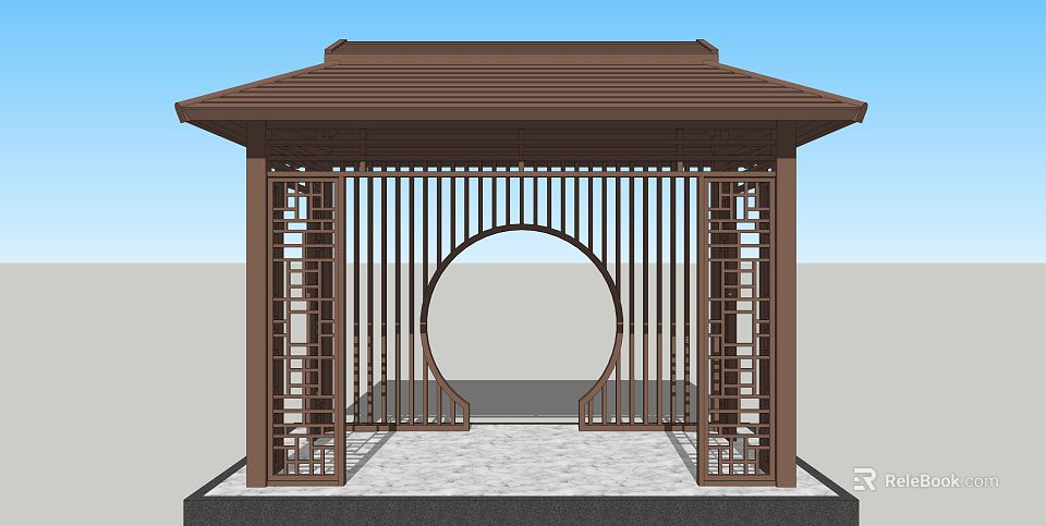 Chinese Style Pavilion With Brown Roof Circular Hollow Design And Lattice Fence 3d model 