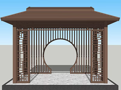 Chinese Style Pavilion With Brown Roof Circular Hollow Design And Lattice Fence 3d model