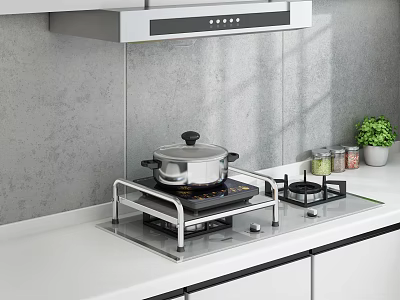 Modern Kitchen Interior With Gas Stove Range Hood Pot Spices Green Plant And White Cabinets 3d model