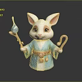 Anthropomorphic White Rabbit Fantasy Character Wearing Blue Robe With Staff Teardrop Ornament And Bell Belt