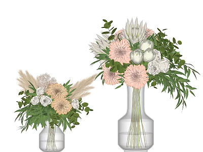 Clear Glass Vases With Pink White Flowers Green Leaves And Decorative Grass 3d model