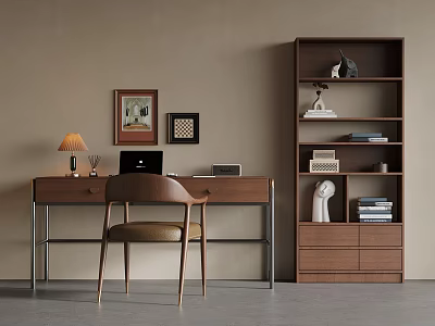 Wooden Desk with Table Lamp Laptop and Wooden Chair Near Bookshelf and Framed Paintings 3d model