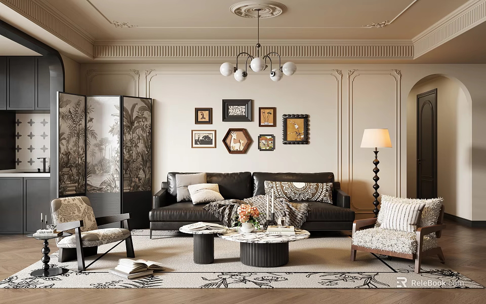 Elegant Living Room Interior With Framed Art Black Sofa Round Coffee Tables Chandelier And Armchairs 3d model 