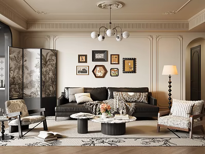 Elegant Living Room Interior With Framed Art Black Sofa Round Coffee Tables Chandelier And Armchairs 3d model