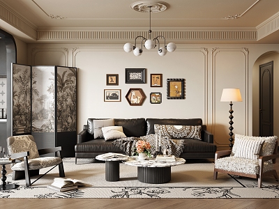 French Middle Style Living Room Sofa Coffee Table Combination Leather Sofa French Middle Style Coffee Table French Middle Style Leisure Chair French Middle Style Hanging Painting French Retro Living Room 3d model