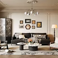 Elegant Living Room Interior With Framed Art Black Sofa Round Coffee Tables Chandelier And Armchairs