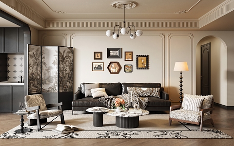 French Middle Style Living Room Sofa Coffee Table Combination Leather Sofa French Middle Style Coffee Table French Middle Style Leisure Chair French Middle Style Hanging Painting French Retro Living Room 3d model