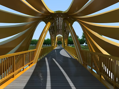 Yellow Arch Structure Bridge With Wooden Deck Railings Blue Sky And Trees 3d model