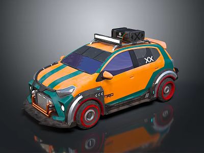 Orange Green Modified Car with Roof Rack Red Rims Stylish Graphics and Sporty Look 3d model