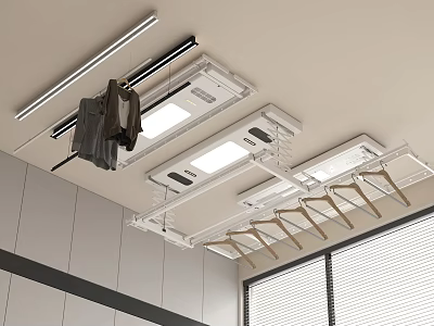 Electric Clothes Hanger with Lighting Ceiling Mounted in Modern Room Gray Wall and Window 3d model