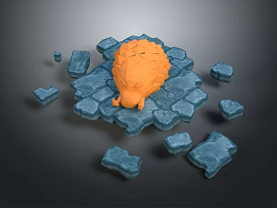Orange Spiky Object On Blue Ice Like Platform With Scattered Blue Blocks 3d model