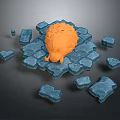 Orange Spiky Object On Blue Ice Like Platform With Scattered Blue Blocks