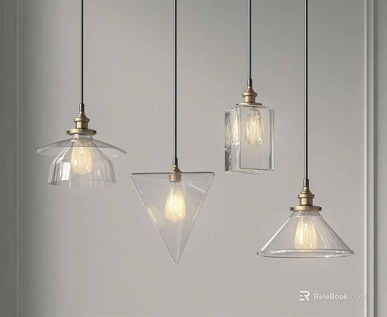 Modern Minimalist Pendant Lights With Glass Shades Metal Bases Various Shapes 3d model 