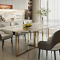 Modern Restaurant Interior Featuring Marble Dining Table Chairs Kitchen Area Wine Cabinet And Pendant Lights 3d model