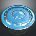 Blue Circular Spacecraft with Yellow Lights and Green Halo in Space
