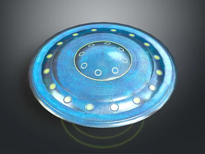 Blue Circular Spacecraft with Yellow Lights and Green Halo in Space 3d model