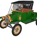 Vintage Green Car with Black Convertible Top Gold Accents and Brown Wooden Seats